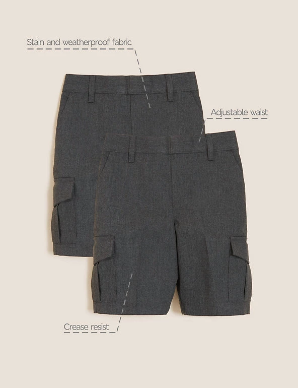 2pk Boys' Plus Fit Cargo School Shorts (4-14 Yrs) 4 2pk Boys' Plus Fit Cargo School Shorts (4-14 Yrs) - Image 2